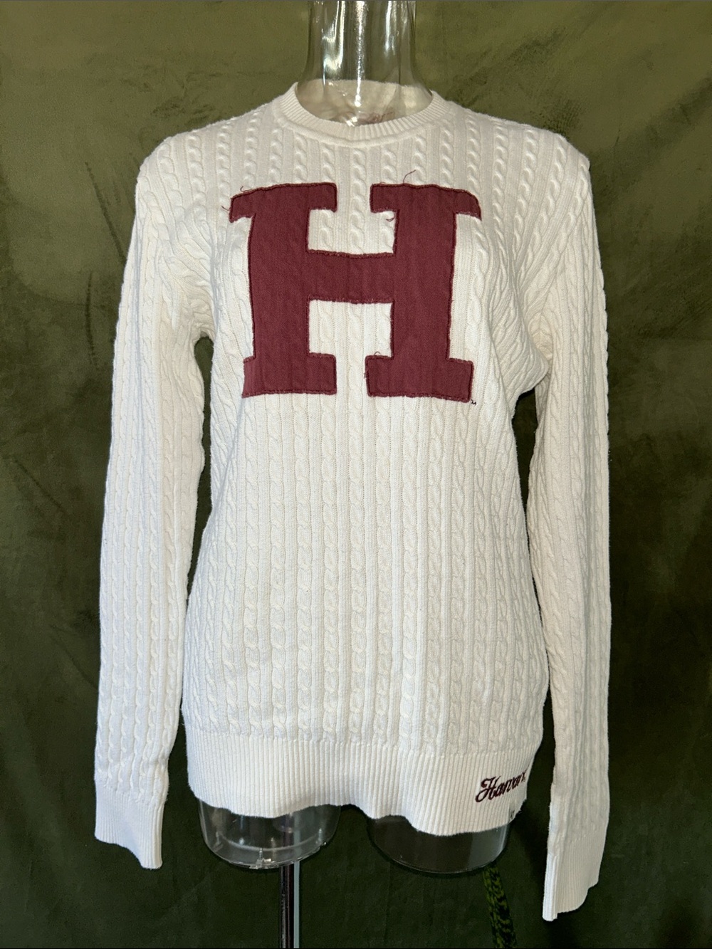 Women’s Cream Cable-Knit Crewneck Sweater with Maroon H Patch Harvard